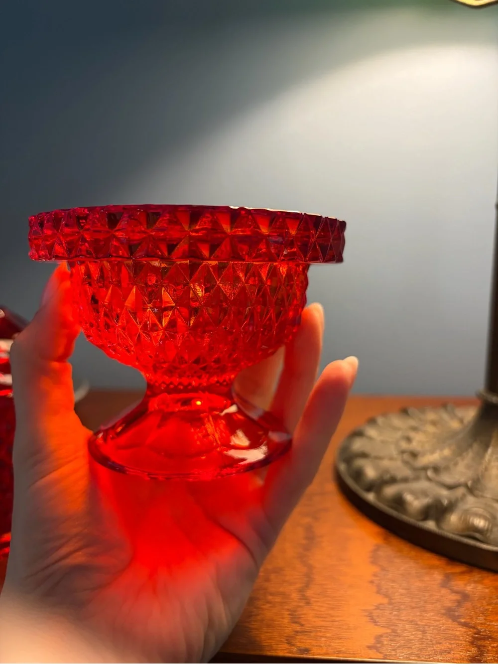 Vintage Viking Glass Ruby Red Diamond Point Glimmer Fairy Lamp MCM Cadmium Glow